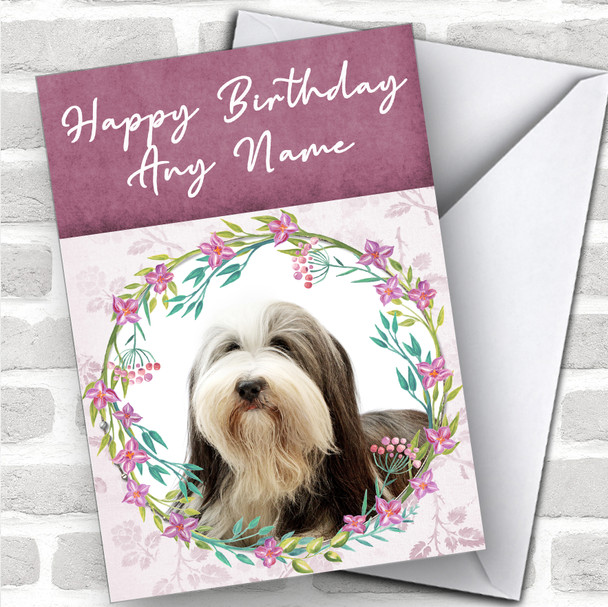 Bearded Collie Dog Pink Floral Animal Personalized Birthday Card