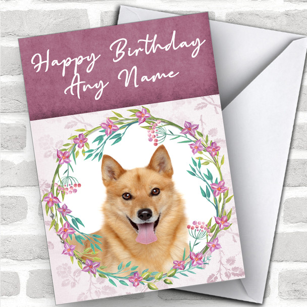 Finnish Spitz Dog Pink Floral Animal Personalized Birthday Card