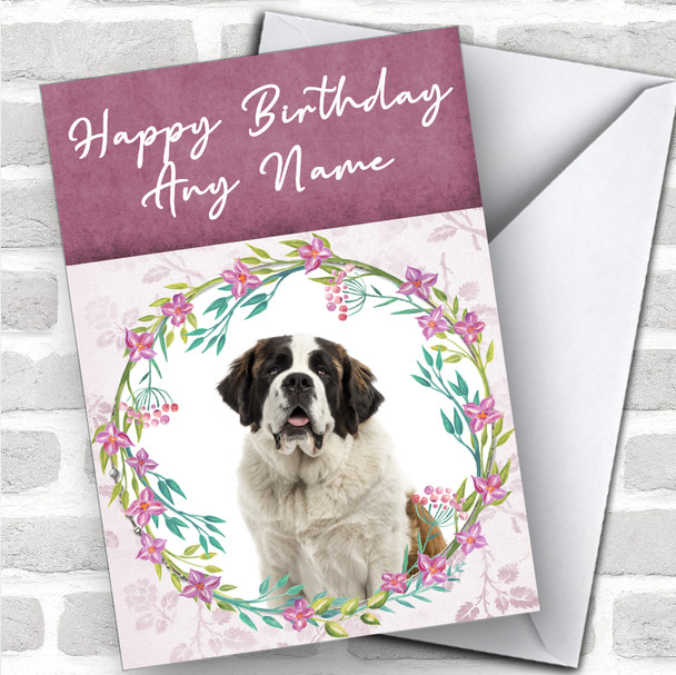 Saint Bernard Dog Pink Floral Animal Personalized Birthday Card