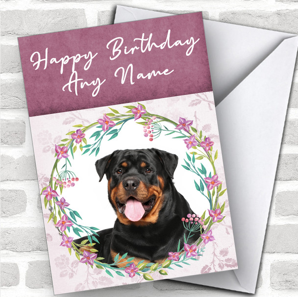 Rottweiler Dog Pink Floral Animal Personalized Birthday Card