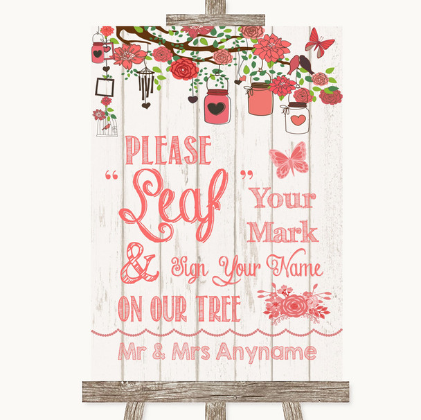 Coral Rustic Wood Fingerprint Tree Instructions Personalized Wedding Sign