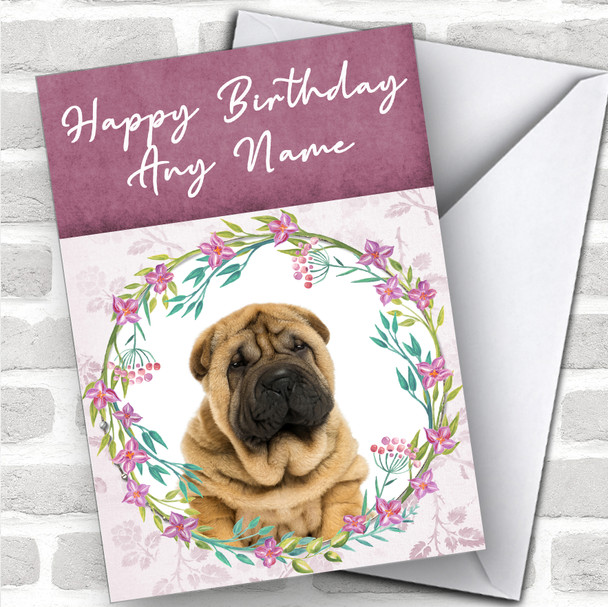 Shar-Pei Dog Pink Floral Animal Personalized Birthday Card