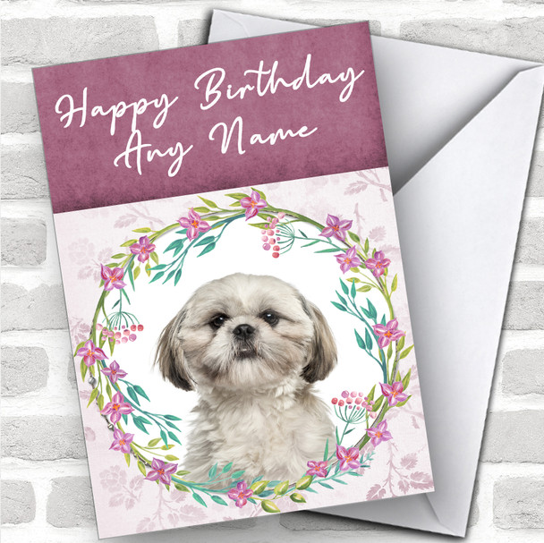 Shih Tzu Dog Pink Floral Animal Personalized Birthday Card