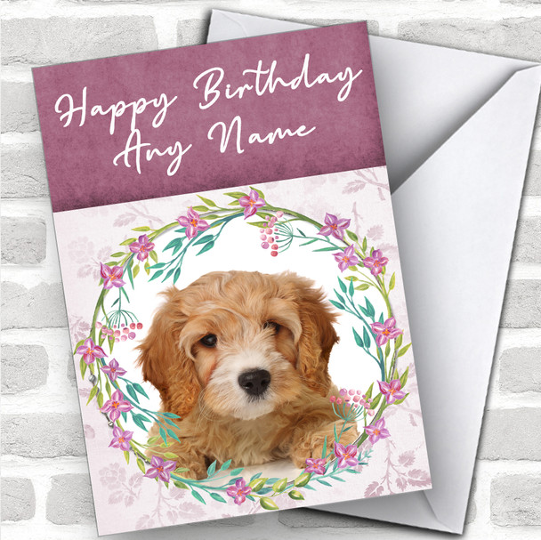 Cavapoo Dog Pink Floral Animal Personalized Birthday Card