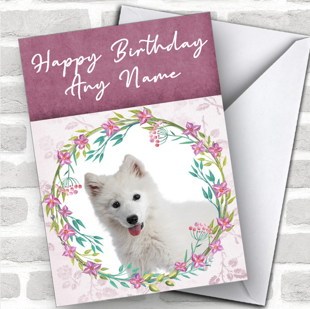 Samoyed Dog Pink Floral Animal Personalized Birthday Card