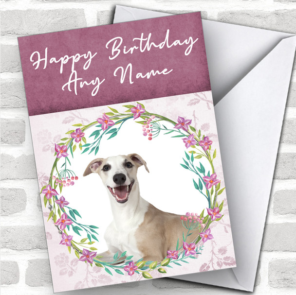 Whippet Dog Pink Floral Animal Personalized Birthday Card