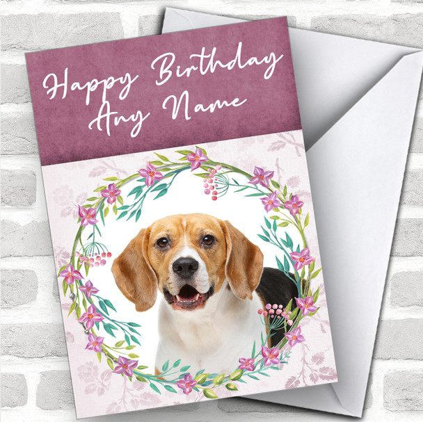 Beagle Dog Pink Floral Animal Personalized Birthday Card