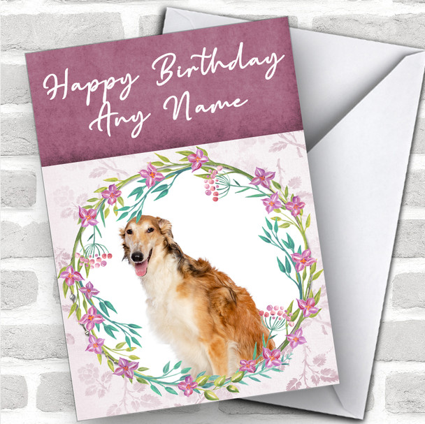 Borzoi Dog Pink Floral Animal Personalized Birthday Card