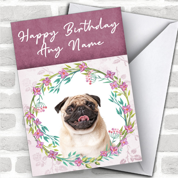 Pug Dog Pink Floral Animal Personalized Birthday Card