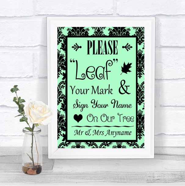 Mint Green Damask Fingerprint Tree Instructions Personalized Wedding Sign