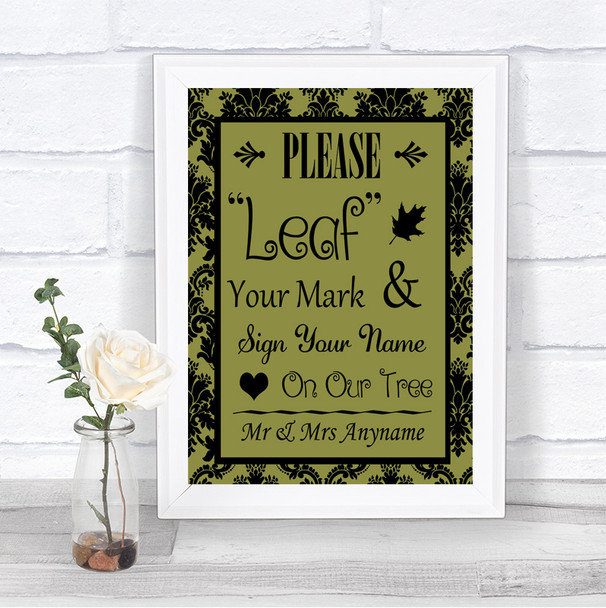 Olive Green Damask Fingerprint Tree Instructions Personalized Wedding Sign
