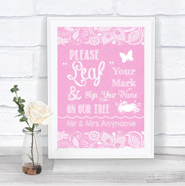 Pink Burlap & Lace Fingerprint Tree Instructions Personalized Wedding Sign