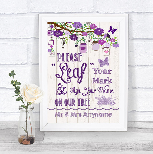 Purple Rustic Wood Fingerprint Tree Instructions Personalized Wedding Sign