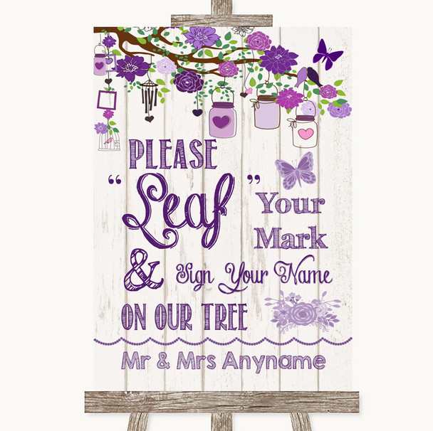 Purple Rustic Wood Fingerprint Tree Instructions Personalized Wedding Sign