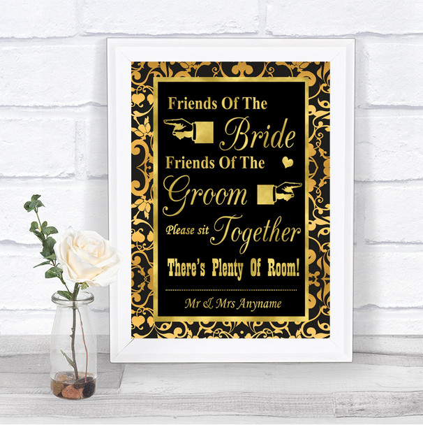 Black & Gold Damask Friends Of The Bride Groom Seating Personalized Wedding Sign