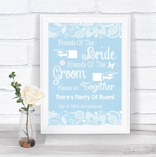 Blue Burlap & Lace Friends Of The Bride Groom Seating Personalized Wedding Sign