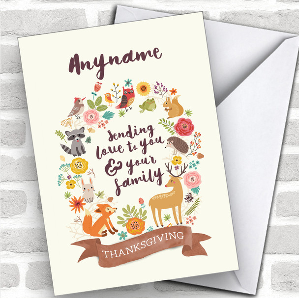 Beautiful Woodland Animals Wreath Personalized Happy Thanksgiving Card