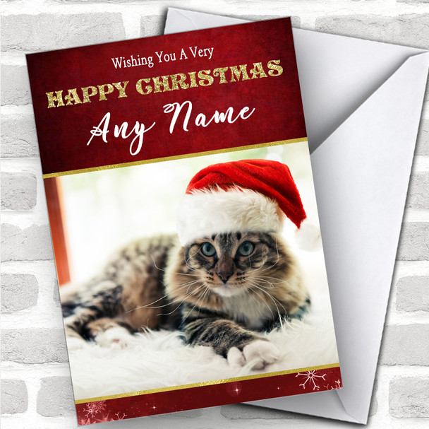 Adorable Tabby Cat In Santa Hat Animal Personalized Christmas Card