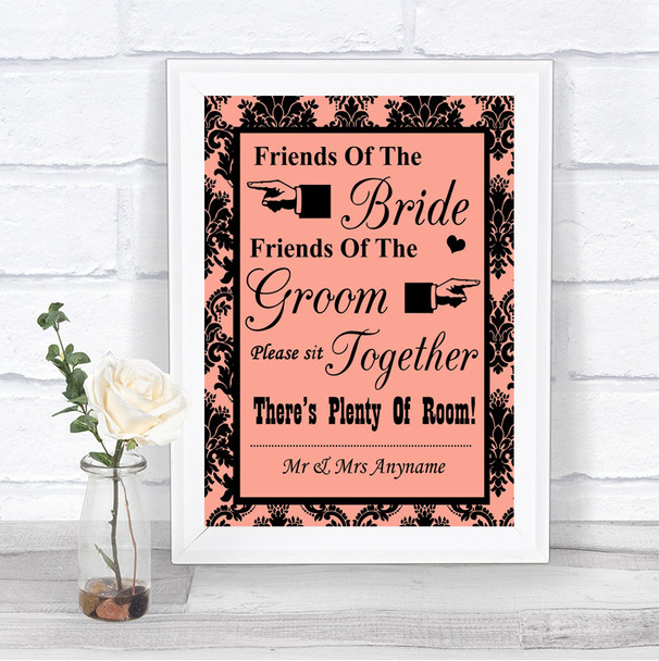 Coral Damask Friends Of The Bride Groom Seating Personalized Wedding Sign