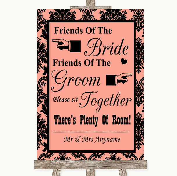 Coral Damask Friends Of The Bride Groom Seating Personalized Wedding Sign