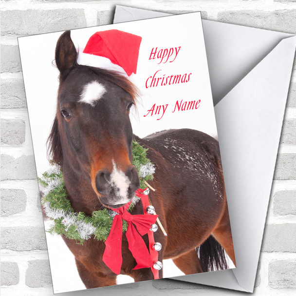 Horse In Scarf & Santa Hat Animal Personalized Christmas Card