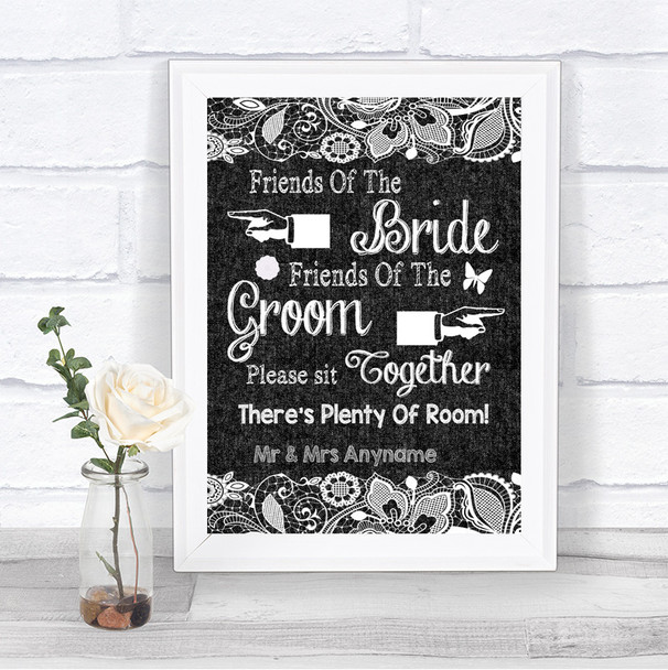 Dark Grey Burlap & Lace Friends Of The Bride Groom Seating Wedding Sign