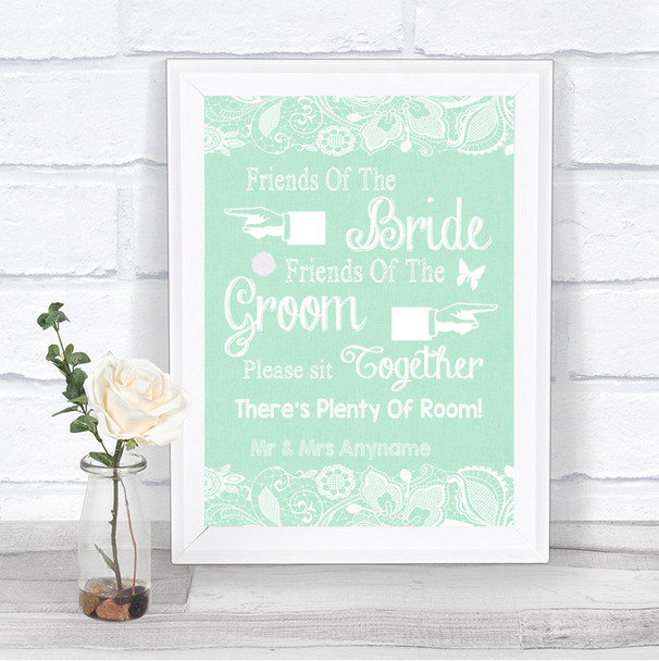 Green Burlap & Lace Friends Of The Bride Groom Seating Personalized Wedding Sign