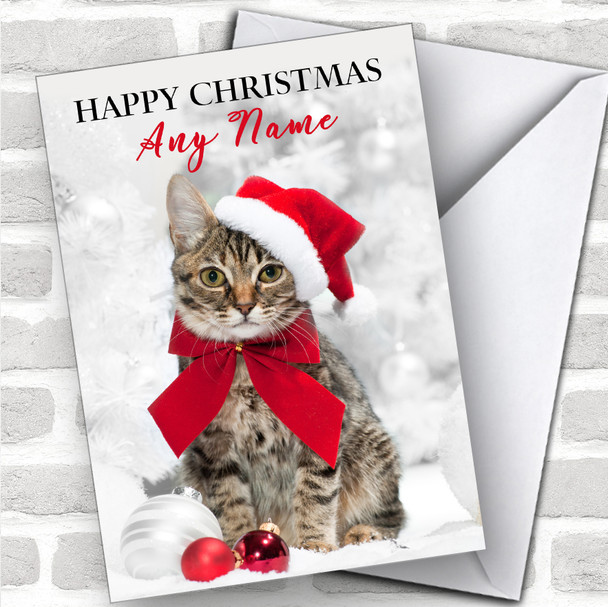 Cute Tabby Cat In Hat Animal Personalized Christmas Card