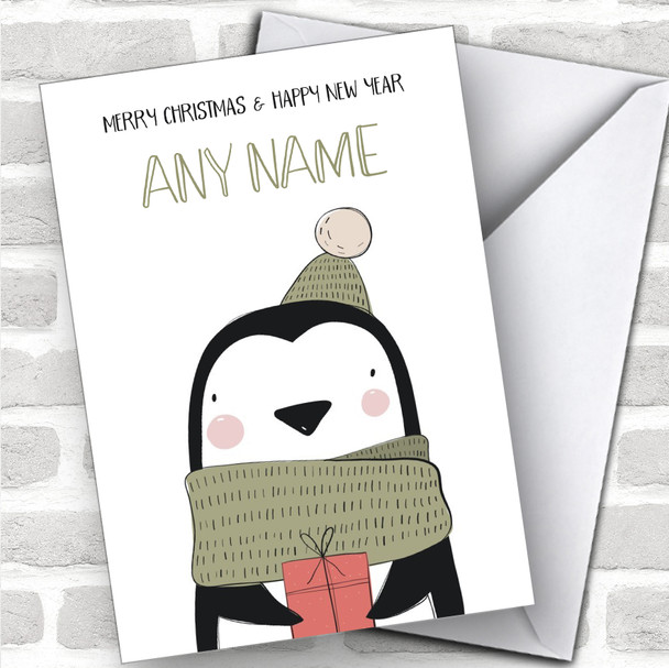 Cute Doodle Penguin With Gift Children's Personalized Christmas Card