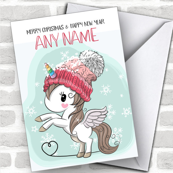 Sweet Unicorn In Winter Hat Children's Personalized Christmas Card