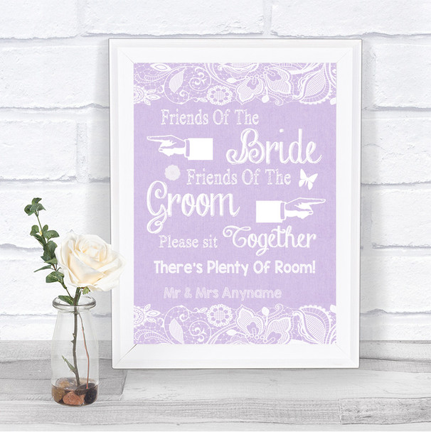 Lilac Burlap & Lace Friends Of The Bride Groom Seating Personalized Wedding Sign