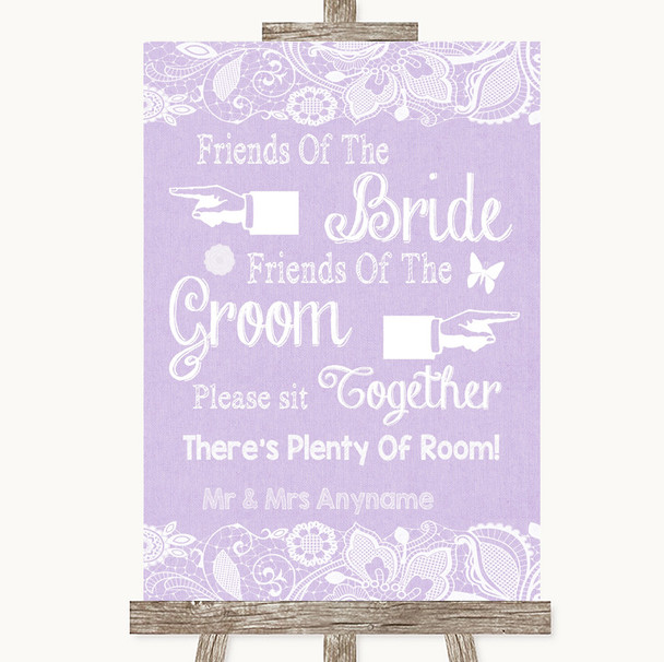 Lilac Burlap & Lace Friends Of The Bride Groom Seating Personalized Wedding Sign