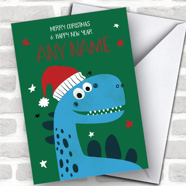 Blue Dinosaur Children's Personalized Christmas Card