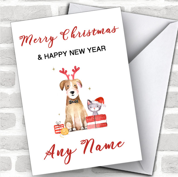 Cute Dog & Cat Watercolour Cute Personalized Christmas Card