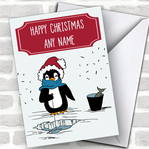 Penguin Fishing In Ice Cute Personalized Christmas Card