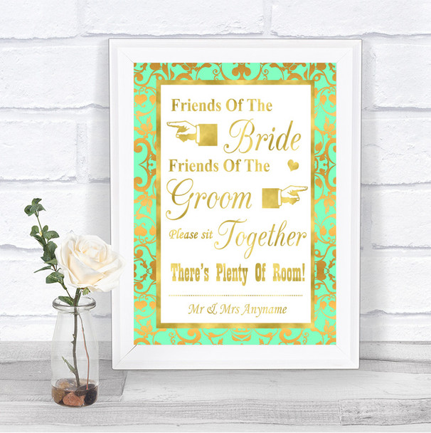 Mint Green & Gold Friends Of The Bride Groom Seating Personalized Wedding Sign