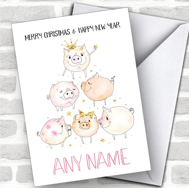 Cute Pigs Xmas Tree Cute Personalized Christmas Card