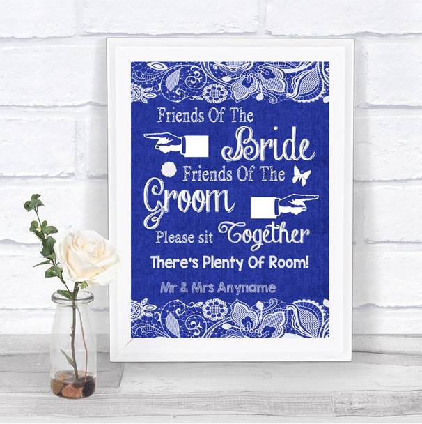 Navy Blue Burlap & Lace Friends Of The Bride Groom Seating Wedding Sign