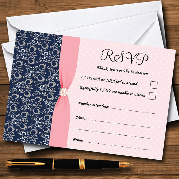 Dusky Coral Pink Vintage Diamond Bow Personalized RSVP Cards