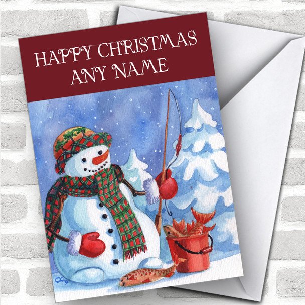 Watercolour Fishing Snowman Hobbies Personalized Christmas Card