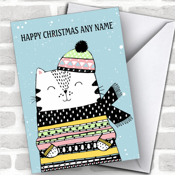 Cute Doodle Cat In Scarf Modern Personalized Christmas Card