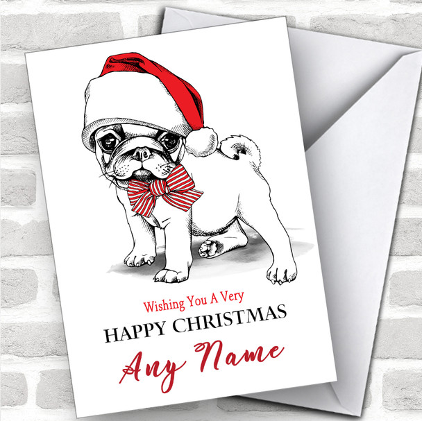Doodle Pug Dog In Hat Modern Personalized Christmas Card