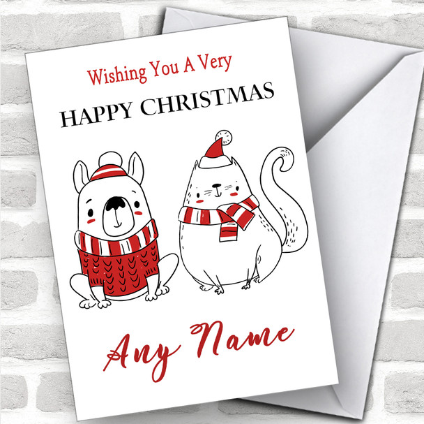 Doodle Dog & Cat Modern Personalized Christmas Card