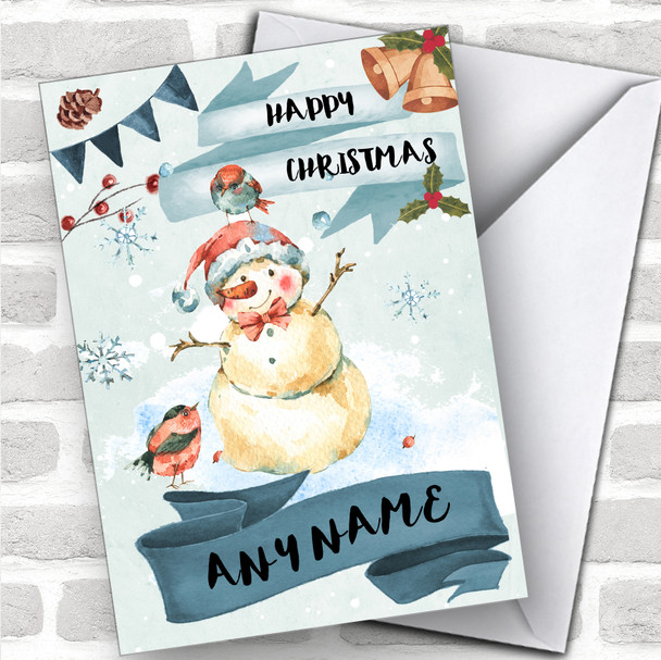 Watercolour Rustic Snowman Traditional Personalized Christmas Card