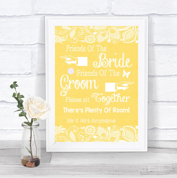 Yellow Burlap & Lace Friends Of The Bride Groom Seating Wedding Sign