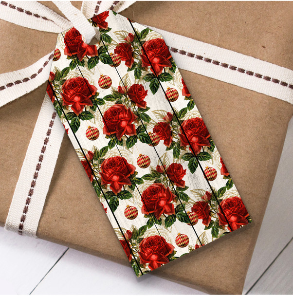 Light Wood Red Roses Baubles Christmas Gift Tags