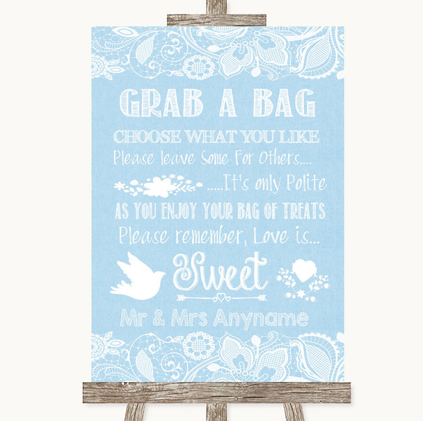 Blue Burlap & Lace Grab A Bag Candy Buffet Cart Sweets Personalized Wedding Sign