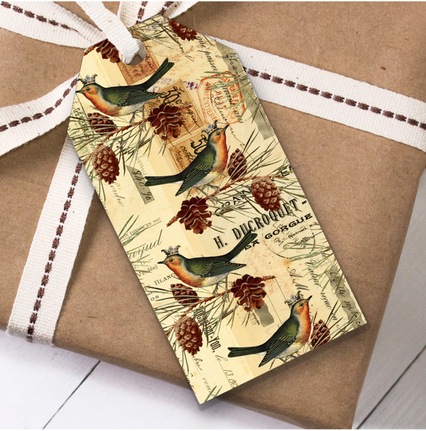 Vintage Birds And Cones Christmas Gift Tags