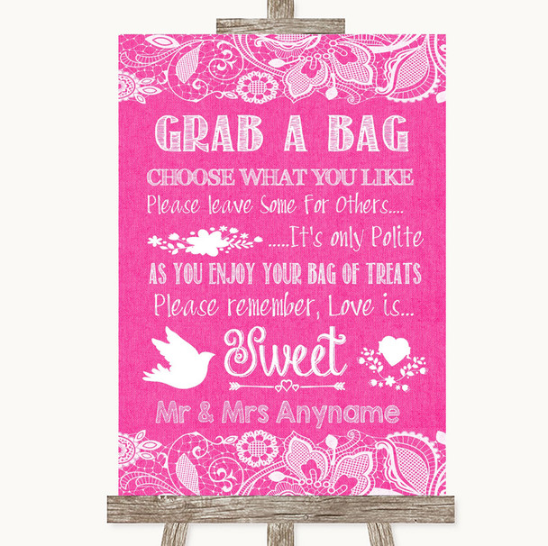 Bright Pink Burlap & Lace Grab A Bag Candy Buffet Cart Sweets Wedding Sign