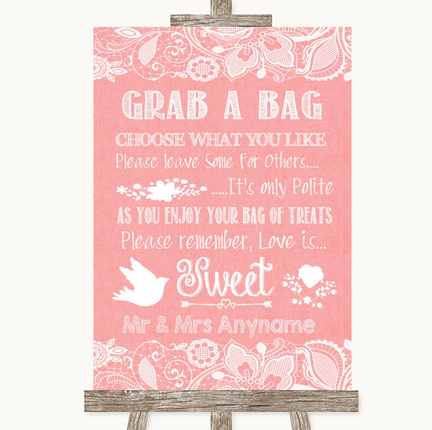 Coral Burlap & Lace Grab A Bag Candy Buffet Cart Sweets Wedding Sign